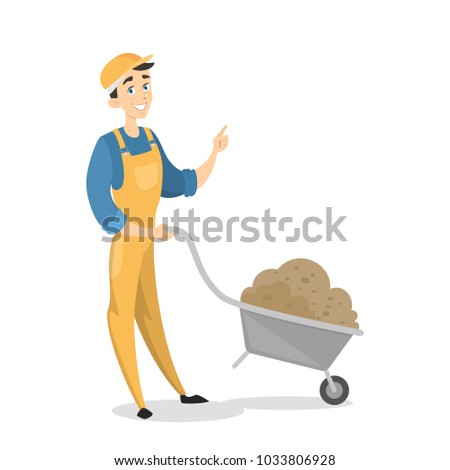 Builder with sand on wheelbarrow on white.
