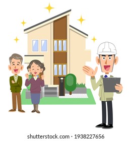 A builder and a senior couple smiling in front of a new home