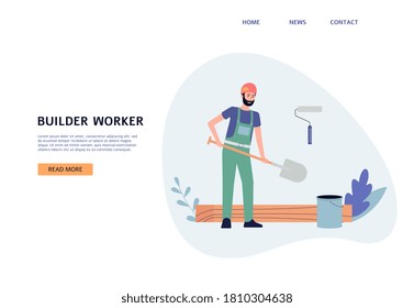 Plantilla de sitio web de servicios de construcción con caricatura de hombre trabajador, ilustración vectorial plana. Modelación de la página de aterrizaje para la empresa de obras de construcción.