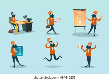 Builder Set Architect With Drawings Construction Flat Vector Illustration