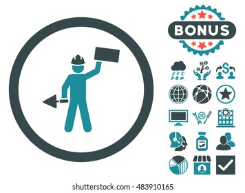 Builder With Shovel icon with bonus elements. Vector illustration style is flat iconic bicolor symbols, soft blue colors, white background.