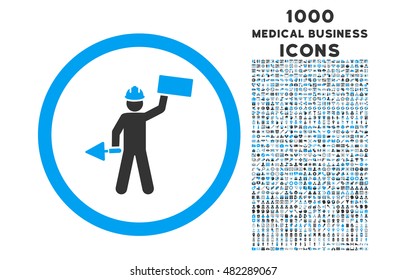 Builder With Shovel rounded vector bicolor icon with 1000 medical business icons. Set style is flat pictograms, blue and gray colors, white background.