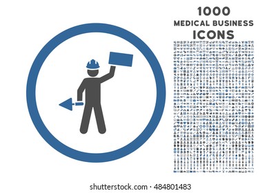 Builder With Shovel rounded vector bicolor icon with 1000 medical business icons. Set style is flat pictograms, cobalt and gray colors, white background.