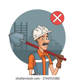 builder with shovel using face mask for covid19 vector illustration design