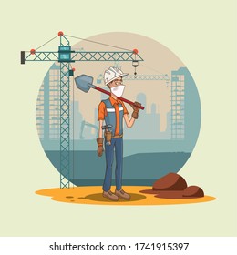 builder with shovel using face mask for covid19 vector illustration design