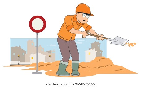 Construtor com pá no trabalho. Gente engraçada. Conceito de ilustração para desenvolvimento de site e site móvel.