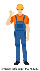 Builder show a okay hand sign. Full length portrait of builder in a flat style. Vector illustration.