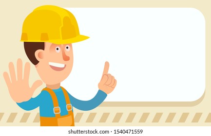 Builder showing arm with gesture - stop, pointer finger pointing to message, important information, speech bubble. Vector illustration, flat design, cartoon style.