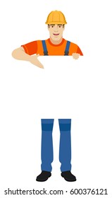 Builder showing at banner over white. Full length portrait of builder in a flat style. Vector illustration.