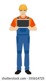 Builder showing blank digital tablet PC. Full length portrait of builder in a flat style. Vector illustration.