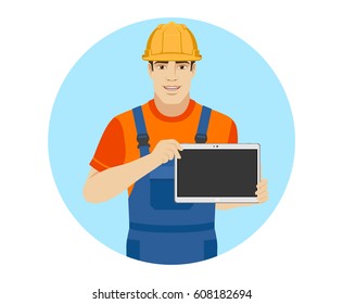 Builder showing blank digital tablet PC. Portrait of builder in a flat style. Vector illustration.