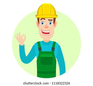 Builder showing a okay hand sign. Portrait of Cartoon Builder Character. Vector illustration in a flat style.