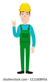Builder showing Rock and Roll sign. Full length portrait of Cartoon Builder Character. Vector illustration in a flat style.