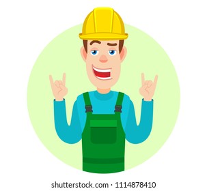 Builder showing Rock and Roll sign. Portrait of Cartoon Builder Character. Vector illustration in a flat style.