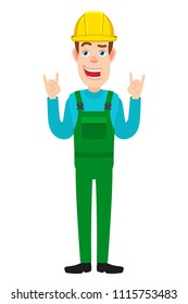 Builder showing Rock and Roll sign. Full length portrait of Cartoon Builder Character. Vector illustration in a flat style.