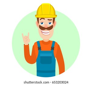 Builder showing Rock and Roll sign. Portrait of Cartoon Builder Character. Vector illustration in a flat style.