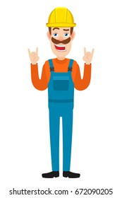 Builder showing Rock and Roll sign. Full length portrait of Cartoon Builder Character. Vector illustration in a flat style.