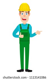 Builder showing thumb up and pointing something beside of him. Full length portrait of Cartoon Builder Character. Vector illustration in a flat style.