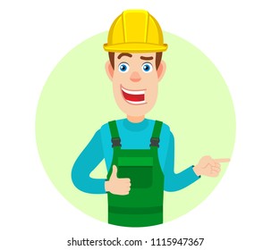 Builder showing thumb up and pointing something beside of him. Portrait of Cartoon Builder Character. Vector illustration in a flat style.