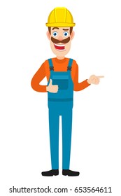 Builder showing thumb up and pointing something beside of him. Full length portrait of Cartoon Builder Character. Vector illustration in a flat style.