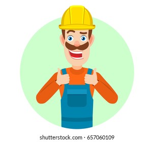 Builder showing thumb up. Portrait of Cartoon Builder Character. Vector illustration in a flat style.