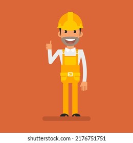 Builder showing thumbs up and smiles. Flat people. Vector Illustration