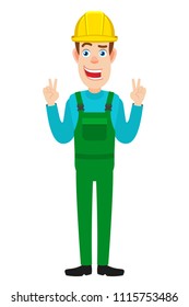 Builder showing victory hand sign or quotes hand sign. Full length portrait of Cartoon Builder Character. Vector illustration in a flat style.