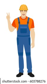 Builder showing victory sign. Two thumbs up. . Full length portrait of builder in a flat style. Vector illustration.