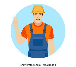 Builder showing victory sign. Two fingers up. Portrait of builder in a flat style. Vector illustration.
