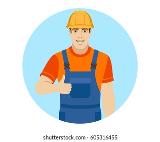 Builder shows thumb up. Portrait of builder in a flat style. Vector illustration.