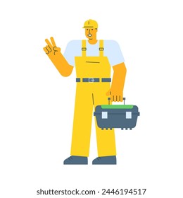 Builder shows two fingers gesture and holding suitcase. Vector Illustration