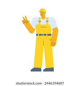 Builder shows two fingers gesture and smiling. Vector Illustration