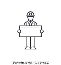 Builder with a sign line icon concept. Builder with a sign vector linear illustration, symbol, sign