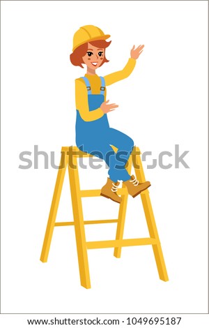 ?heerful builder sitting on the ladder. Construction female worker character vector design. Animate personage. Fun cartoon person. Isolated on white background.