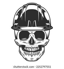 Builder skull in hard hat from business new construction and remodeling house in vintage monohrome style illustration
