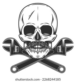 Calavera de construcción con bigote con llave de construcción para gas y tubería de plomo o herramienta de reparación de spanner mecánico de taller de carrocería en ilustración vectorial aislada de estilo monocromático