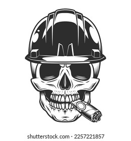 Builder skull smoking cigar or cigarette smoke in hard hat from business new construction and remodeling house in vintage monohrome style illustration