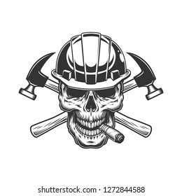 Builder skull smoking cigar with crossed hammers in vintage monochrome style isolated vector illustration