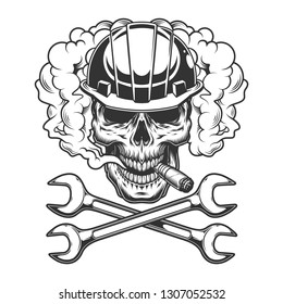 Builder skull smoking cigar in smoke cloud with crossed wrenches in vintage monochrome style isolated vector illustration