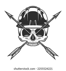 Builder skull without jaw and construction hard hat   vintage hunting arrow in monochrome style isolated vector illustration  Design element for label sign   emblem