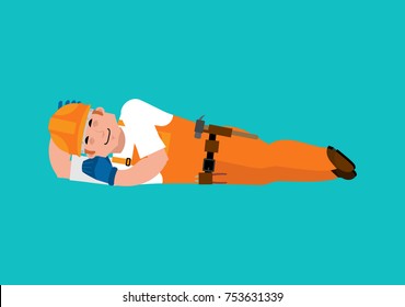 Builder Sleeping Isolated. Break In Working Time. Job Time Out. Worker In Protective Helmet Asleep. Vector Illustration.
