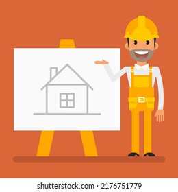 Builder smiling and pointing with hand on flip chart with drawing house. Flat people. Vector Illustration