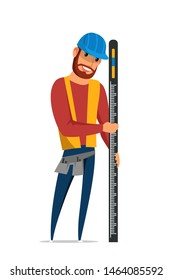 Builder with spirit level flat vector illustration. Carpenter in hard hat, repairman in vest cartoon character. Carpentry workshop service. Architecture, building business, construction industry