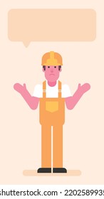 Builder spreads his arms to side. Flat people. Vector illustration