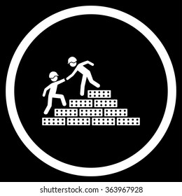 Builder Stairs Help vector icon. Style is flat circled symbol, white color, rounded angles, black background.