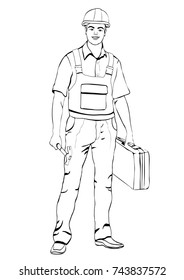 Builder standing front side, coloring, vector outline portrait male workman repairman, black and white painted man in working overalls, with a suitcase for tools in hand, isolated on white background