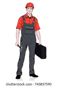 Builder standing front side, vector cartoon portrait male workman repairman, multicolor painted human in overalls, in working coveralls, with a suitcase for tools in hand. Isolated on white background