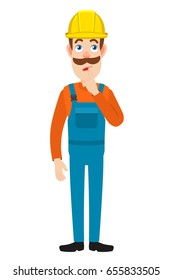 Builder standing with his finger to his lips. Full length portrait of Cartoon Builder Character. Vector illustration in a flat style.