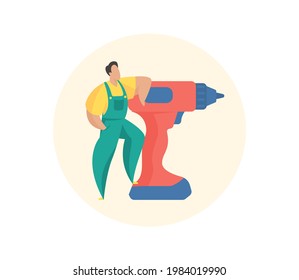 Builder standing near huge electric screwdriver. Professional services construction and repair companies. Compact tools for home renovation. Power tools for rent. Vector flat illustration isolated