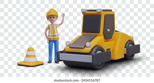 Builder is standing next to road roller. Man in protective helmet and vest waves